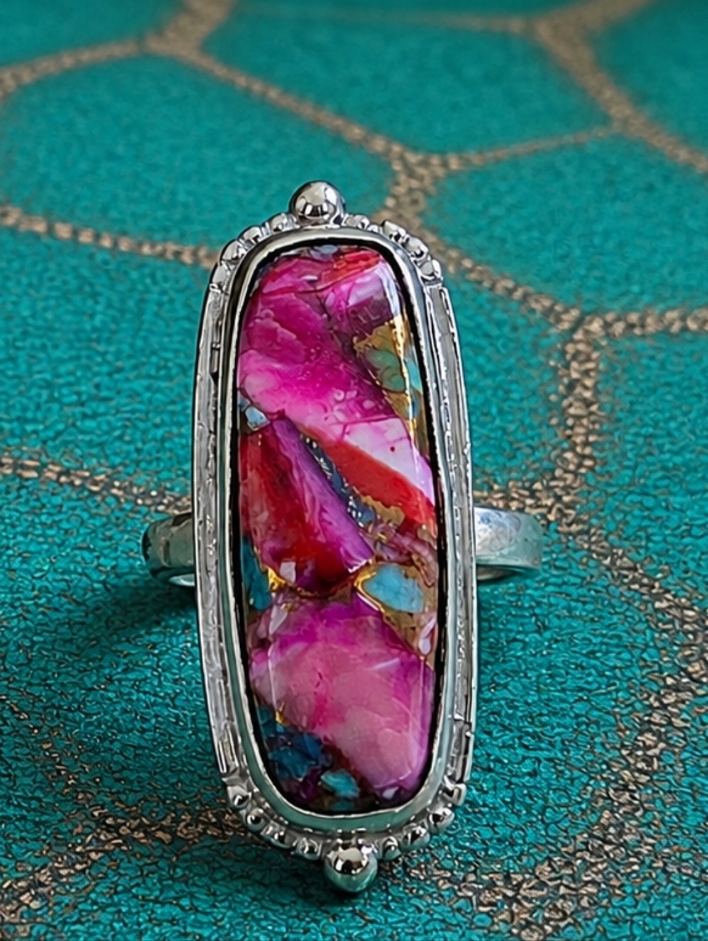 Pink Magenta Turquoise Ring Size 7